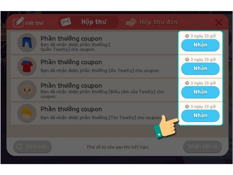 Bước 4: Nhận quà qua Hộp thư trong giao diện chính của game.