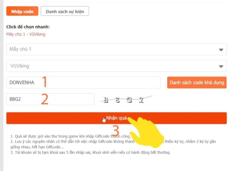 Bước 2: Nhập mã code vào ô “Nhập mã” trên trang web và nhấn Nhận quà.